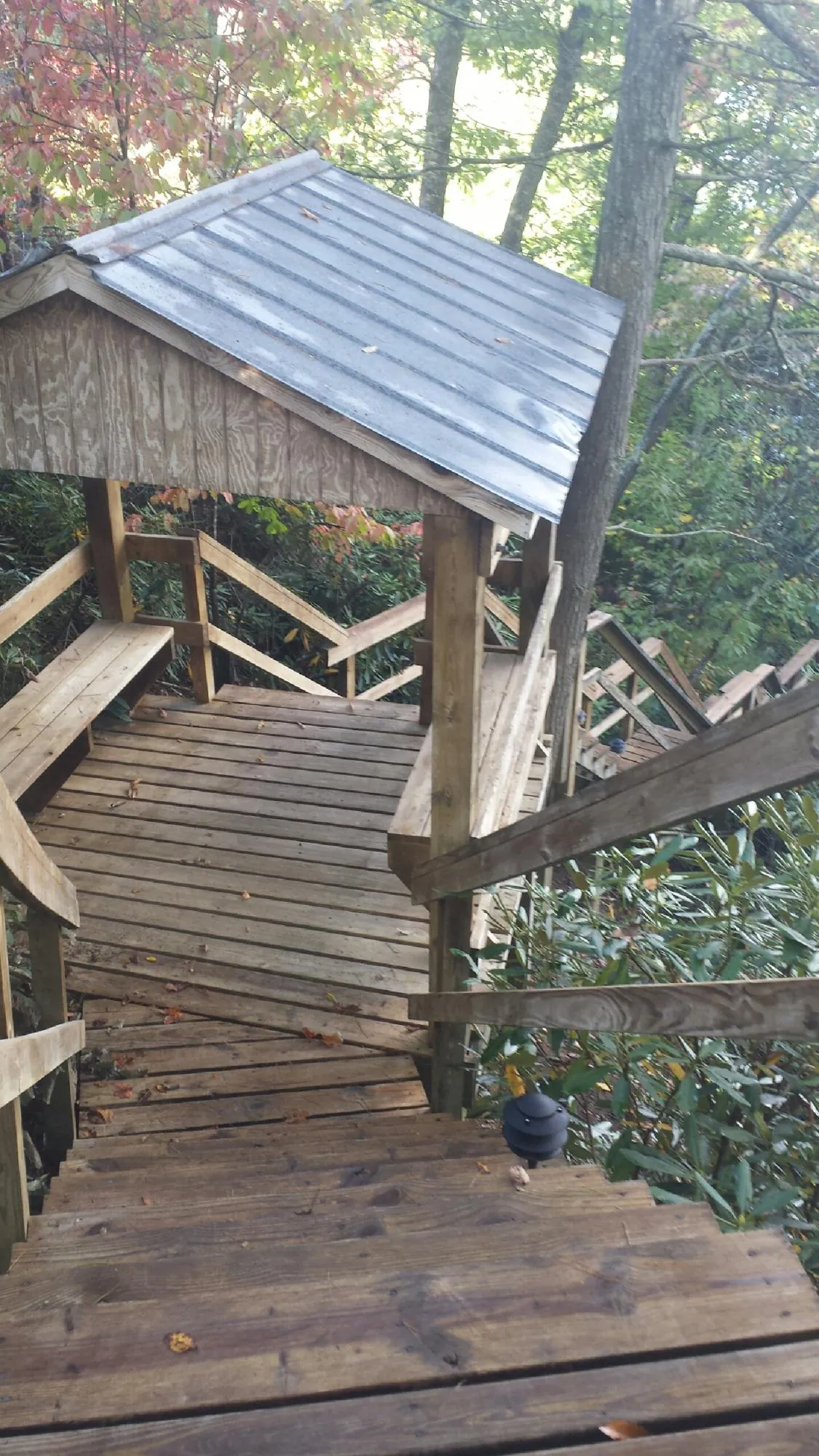 Metal roofed shelter over wooden steps on a wooded walkway — Skylight Repair & Installation work by our crew in Graniteville